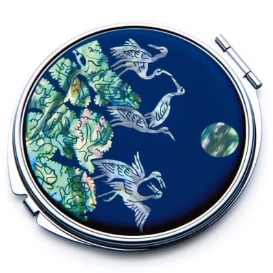 Mother of Pearl Designer Compact Mirror with Crane and Yellow Moon