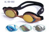 mirrored swimming goggles with anti-fog pc lens , silicone frame 