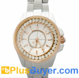 White Bling Diamond Analog Watch for Girls with Gold Rim and Stainless Steel Backing