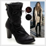 Leather Lace Up Fashion Womens Middle Heels Boots