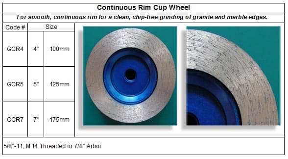 Continuous Rim Cup Wheel features of smooth, continuous rim for a clean, chip-free grinding of granite and marble edges.    