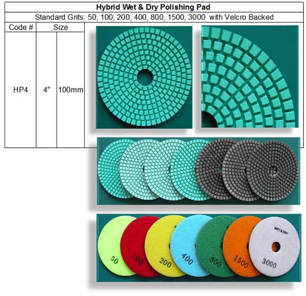 Hybrid Wet & Dry Polishing Pad made in Korea are designed to use Wet & Dry Polishing ( with or without cooling water ). Featuring very high quality resin formulation to apply for major materials on natural and engineered stone, capable of delivering a beautiful polish on many other materials as well.	 