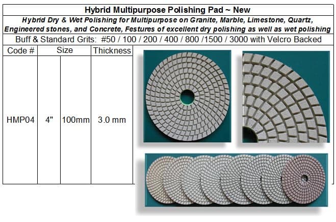 Hybrid Multipurpose Pad for Multipurpose on Granite, Marble, Limestone, Quartz, Engineered stones, and Concrete, Festures of excellent dry polishing as well as wet polishing 
