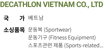 DECATHLON VIETNAM CO., LTD 국가 베트남 소싱품목 운동복 (Sportwear) 운동기구 (Fitness Equipment) 스포츠관련 제품 Sports-related...