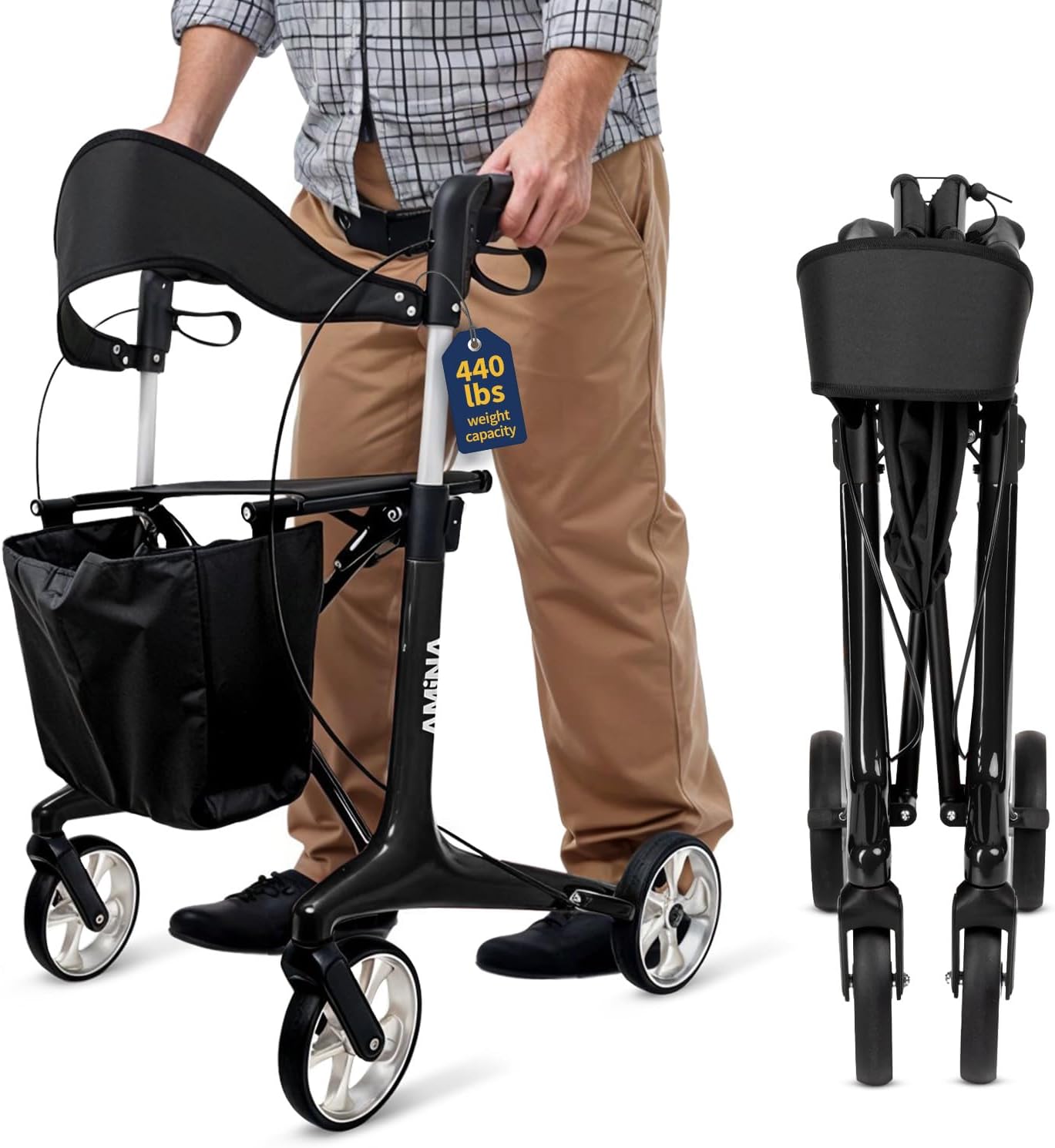 AMiNA Lightweight Carbon Fiber Rollator Walker with Seat_ 440 lbs Capacity_ Foldable Design