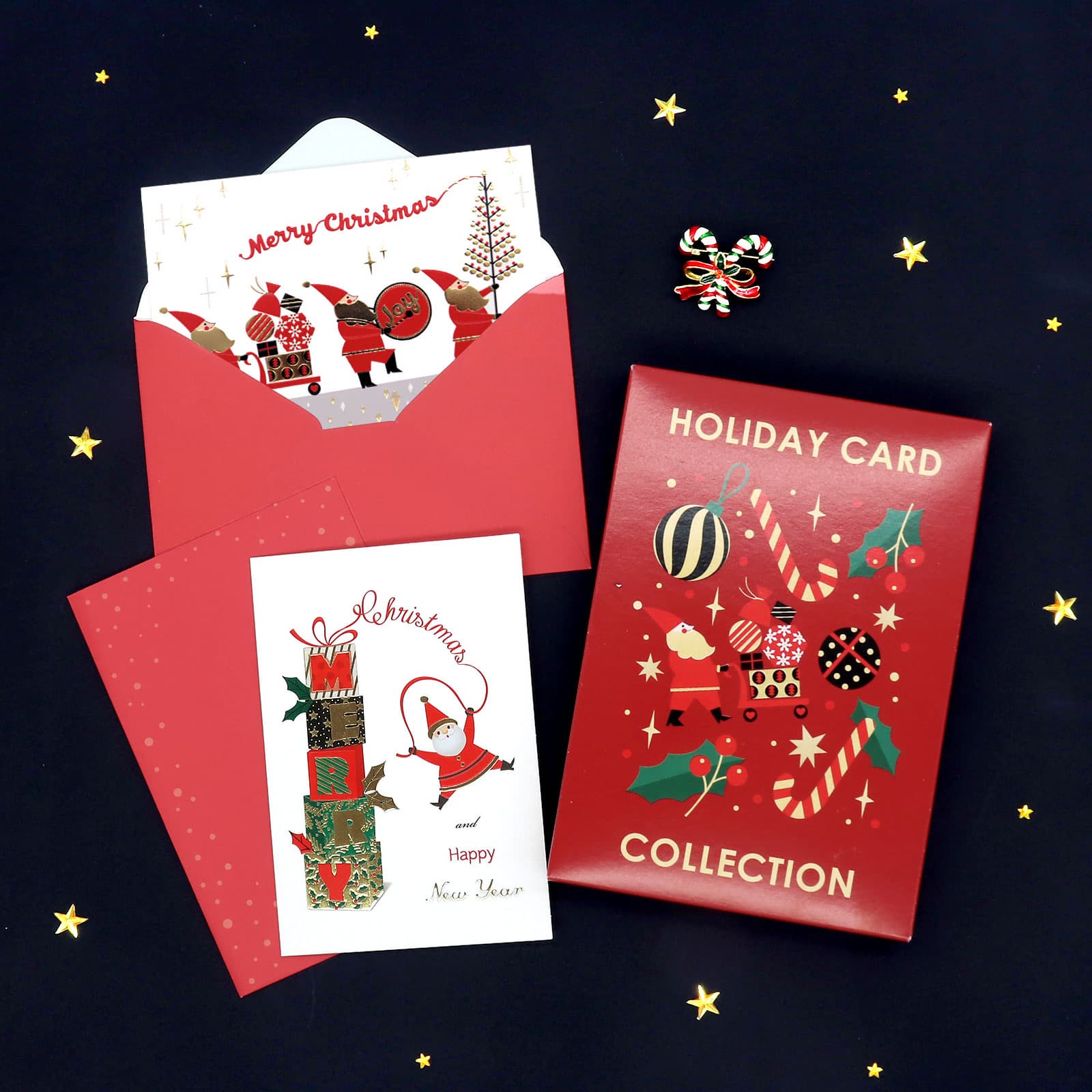 Gold Foil Embossed Santa Festive Christmas Card 18 Boxed