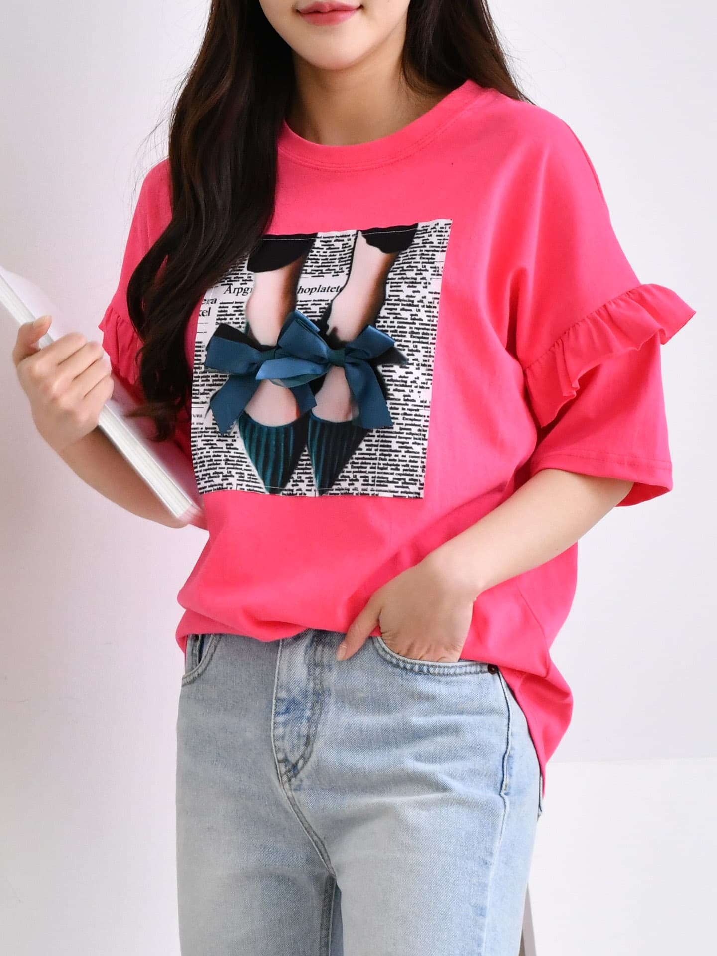 T_Shirt_ Top_ Ruffle on Sleeve_ Ribbon_ Spring New Arrivals