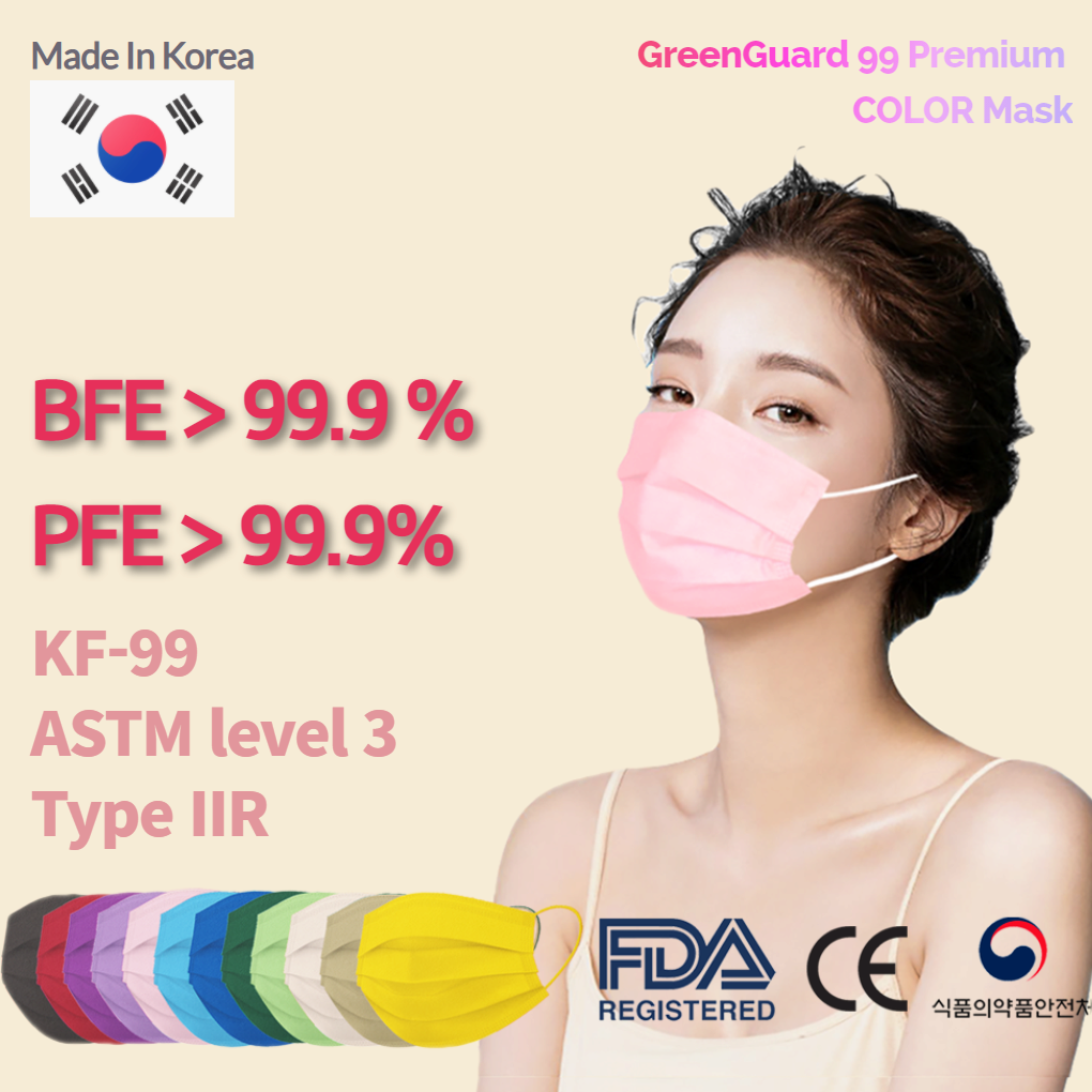 PFE 99_9_ BFE 99_9_ ASTM Level 3 Type IIR GreenGuard premium medical mask _FDA_CE_