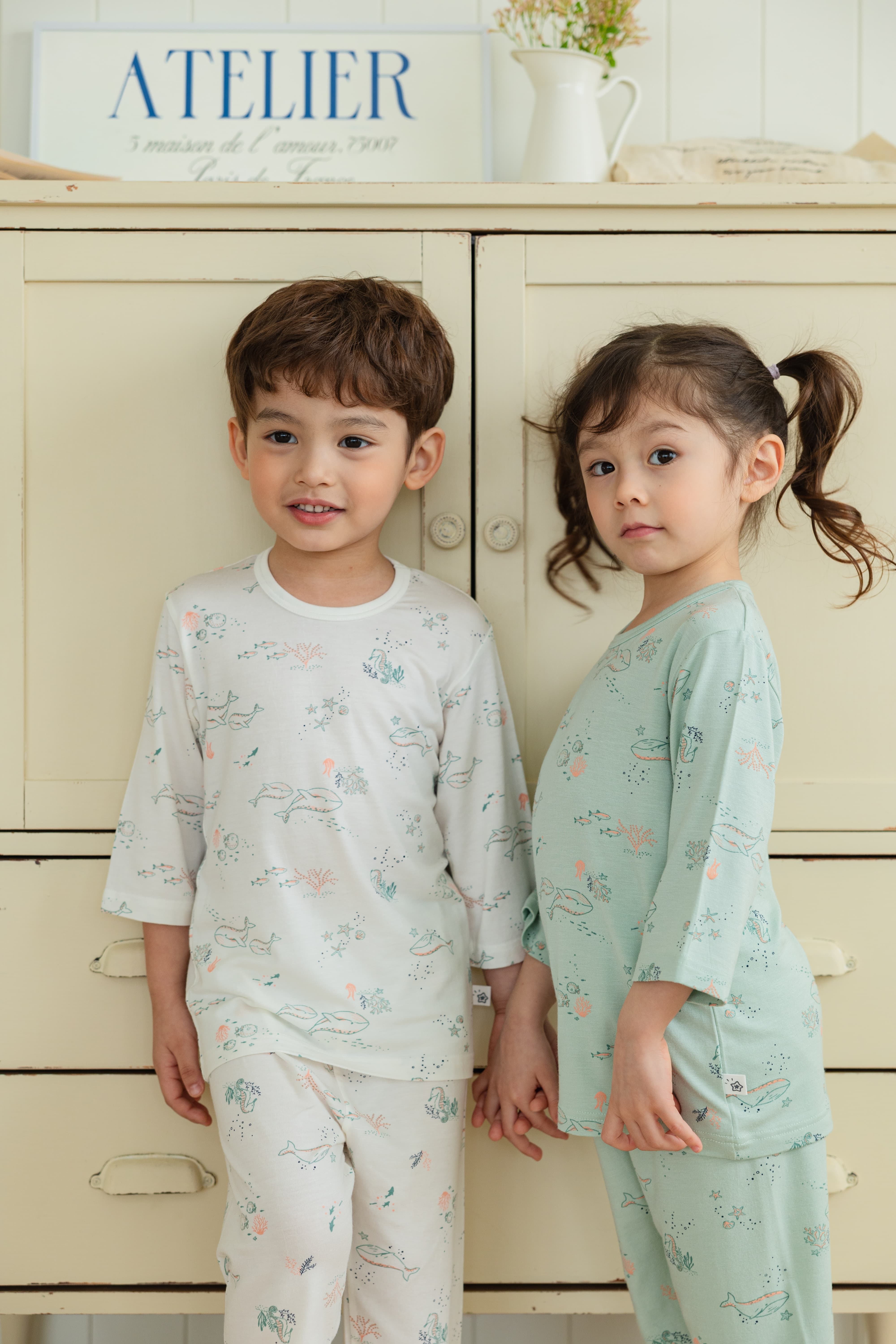 Sea whale_ Tencel_ Modal Pajamas set 3_4_ Ivory