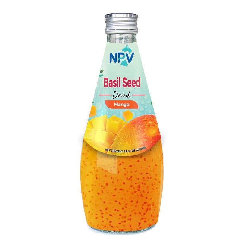 OEM ODM BEVERAGE BASIL SEED DRINK WITH MANGO FLAVOR 290ML GLASS BOTTLE COMPANY PRICE LOW MOQ