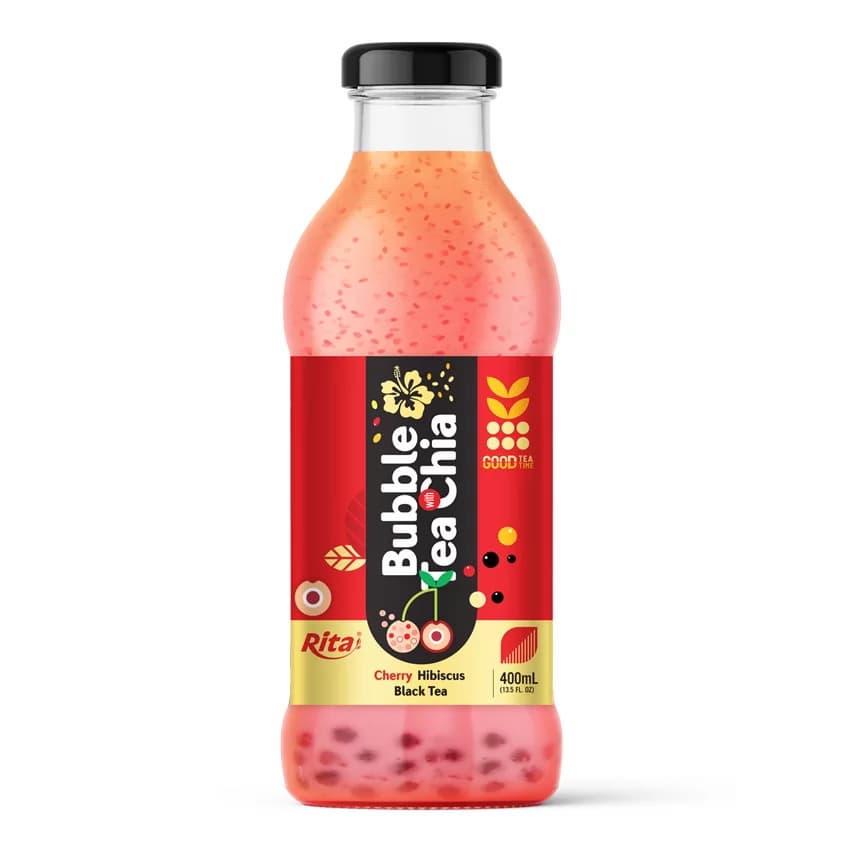 BUBBLE TEA WITH CHIA SEED _ CHERRY AND HIBISCUS FLAVOR 400ML GLASS BOTTLE