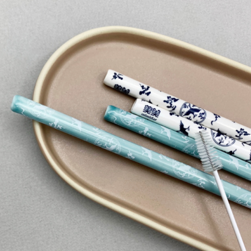 Goryeo Ceramic Reusable Straws w_ Cleaners _Blue _ White 1 Pair_