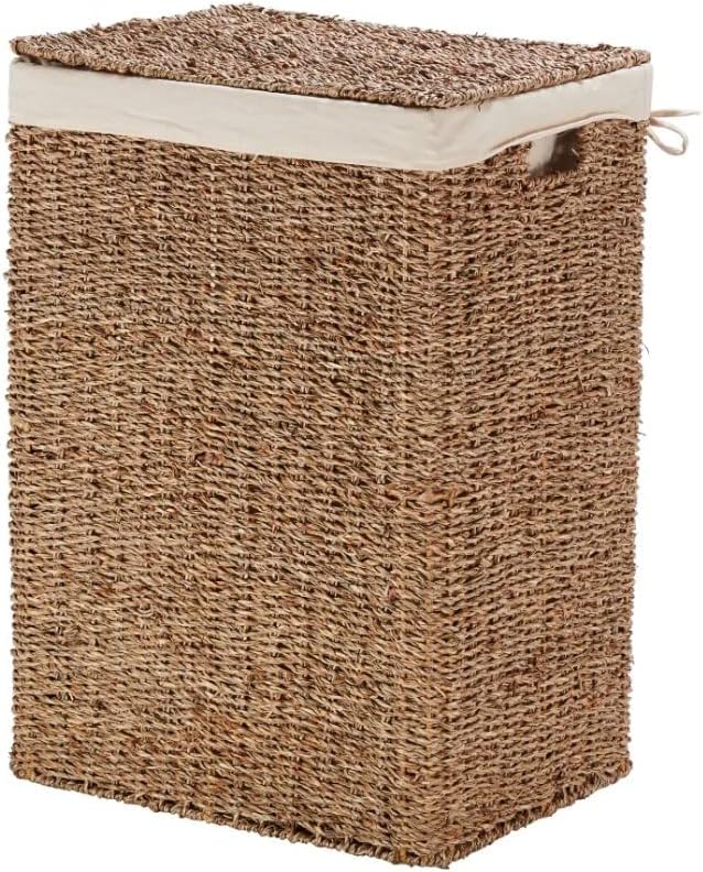 Seagrass Laundry Basket with Lid_ Linen Fabric