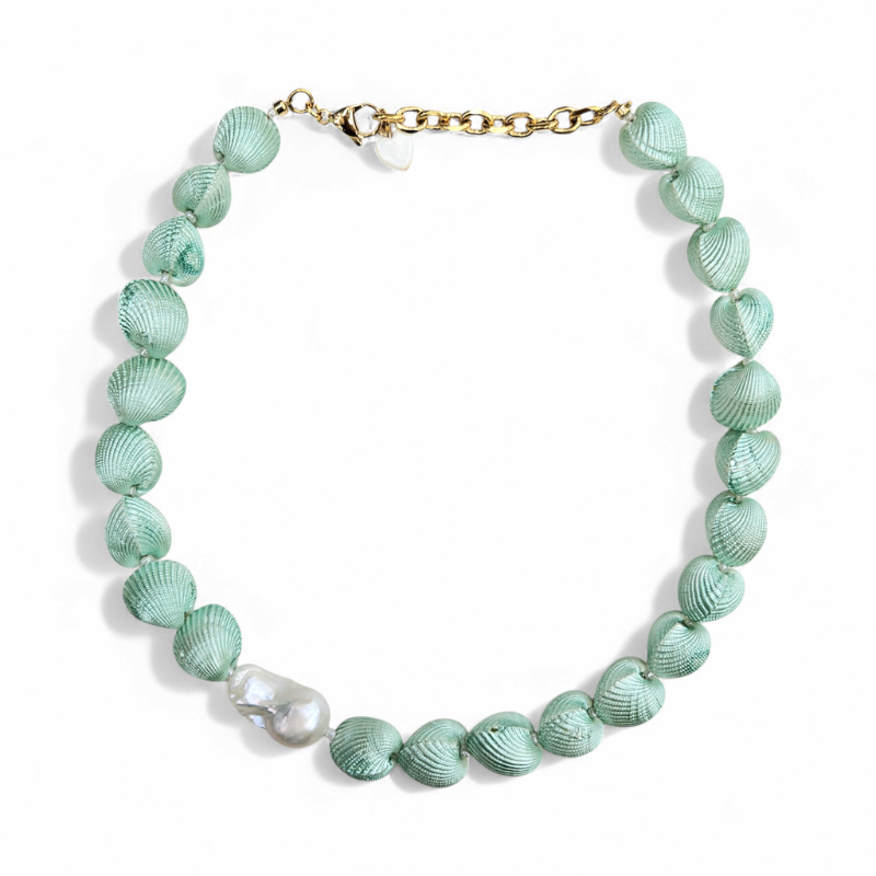 Mint dyed natural shell and baroque freshwater pearl necklace by LUMEA by HANAE