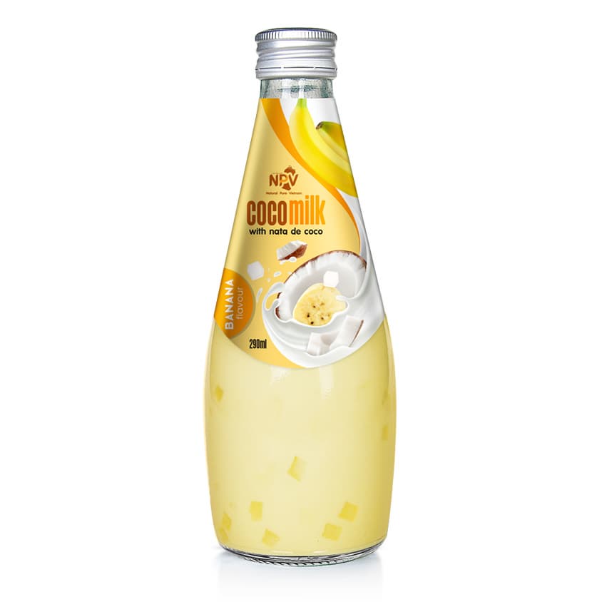 BEST QUALITY COCONUT MILK DRINK WITH BANANA FLAVOR 290ML GLASS BOTTLE PRIVATE LABEL
