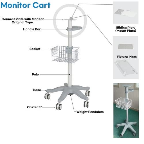 Monitor Medical Cart Trolley and Adjustable Tray Stainless_