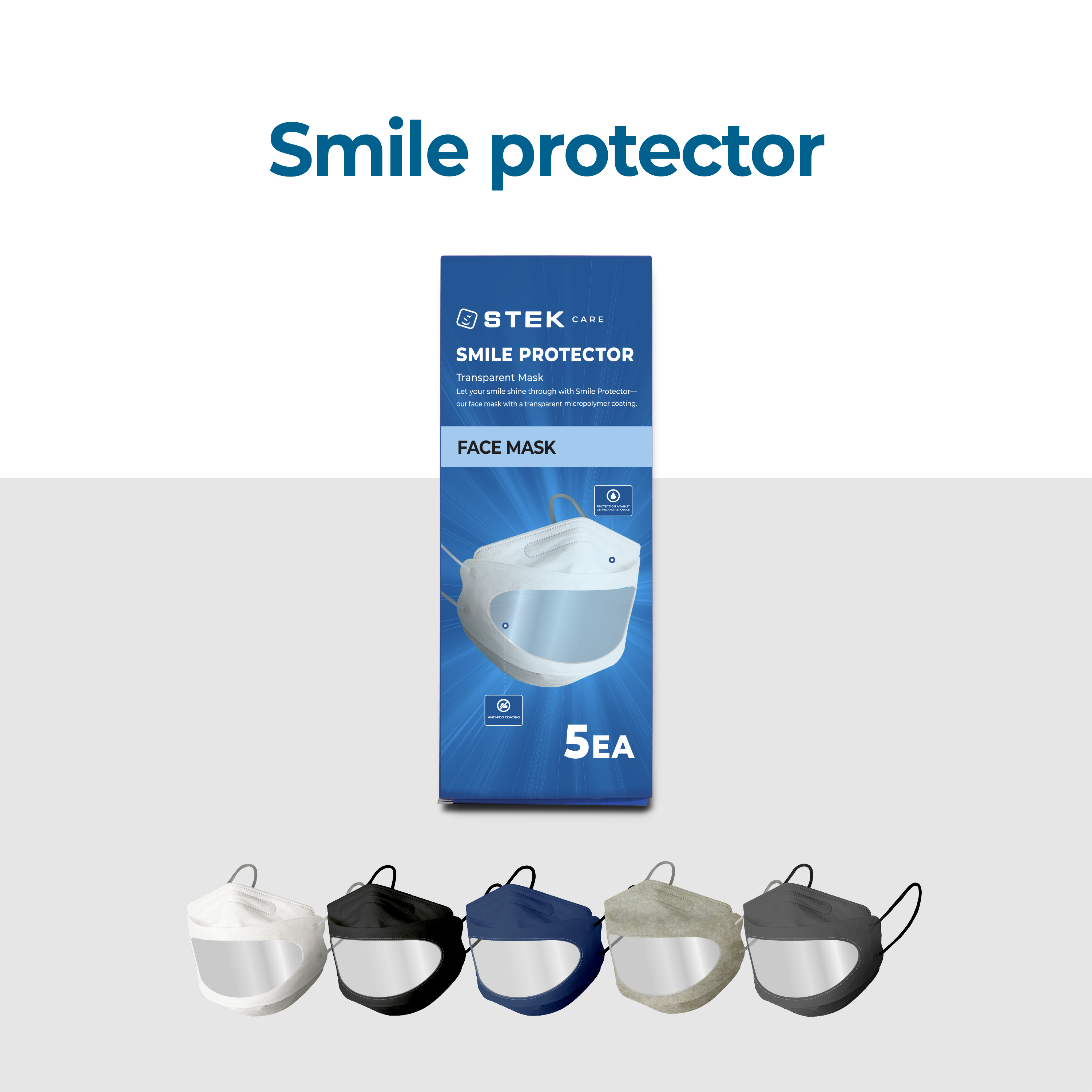 STEK Smile Protector 5EA Clear face mask for adults Anti fog Reusable See Through Masks _5 colors_