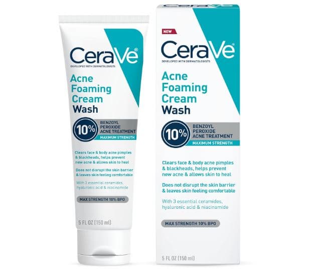 CeraVe Acne Foaming Cream Wash Acne Treatment Clears Pimples_ Blackheads_ Chest and Back Acne 5 Oz