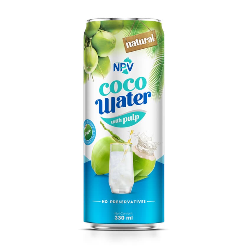 HOT SUMMER BEVERAGE PRODUCTS NPV BRAND COCONUT WATER WITH PULP 330ML SLEEK CAN