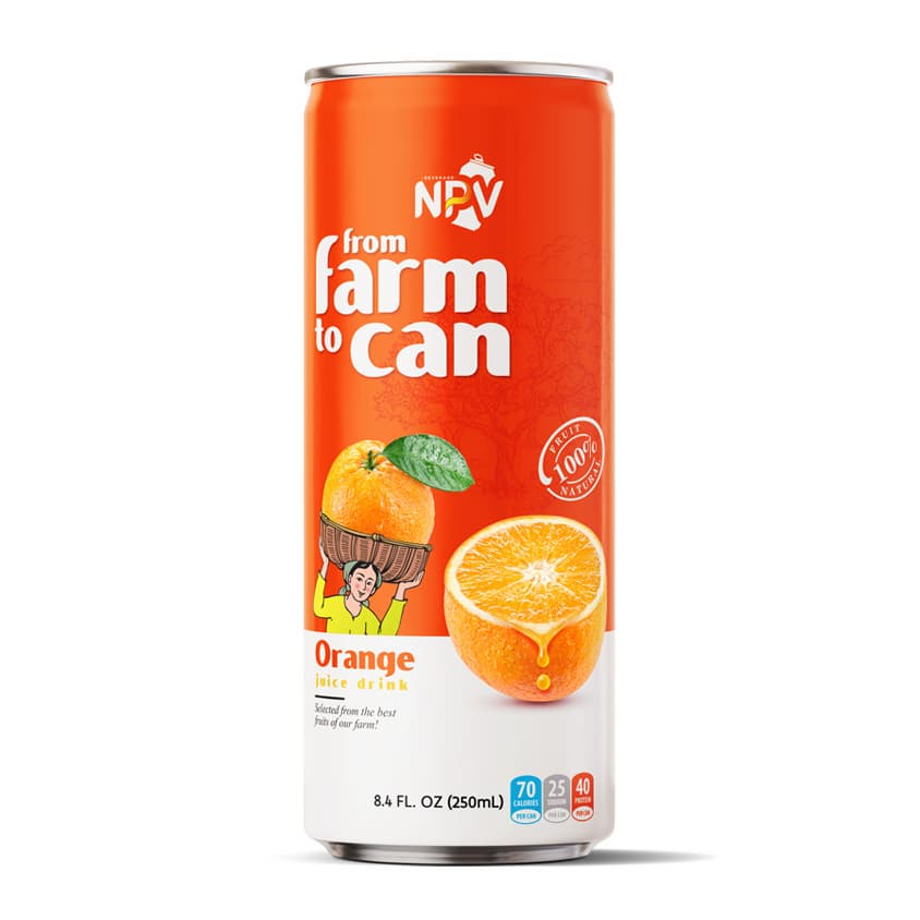 PRIVATE LABEL NPV ORANGE JUICE DRINK 250ML SLIM CAN GOOD PRICE AND LOW MOQ
