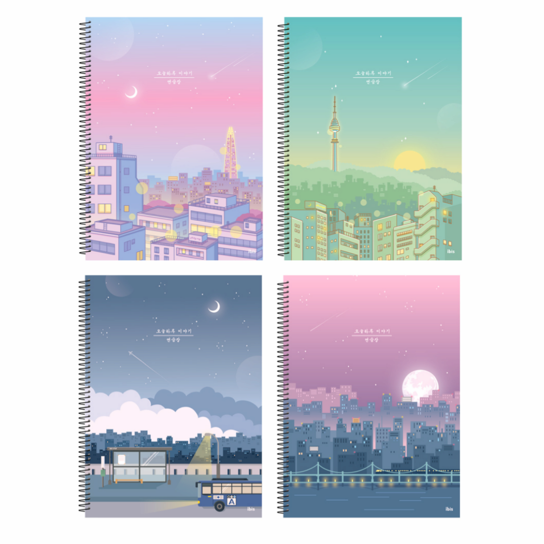 Cute Aesthetic Illustrated Seoul Cityscape Spiral Notebook Set