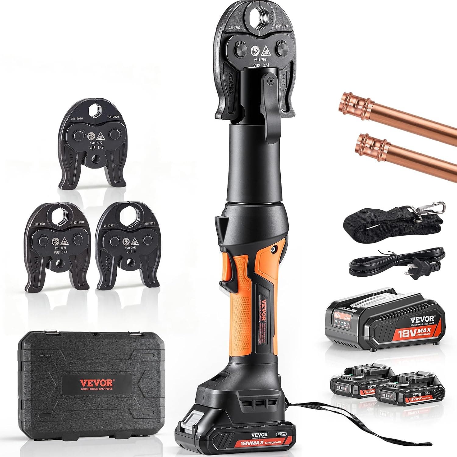 VEVOR Press Tool 18V Electric Pipe Crimping Tool 24KN Press Tool Kit 2pcs 18V 2AH Battery
