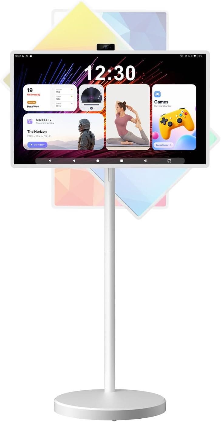 VLH 32 FHD Android 15 OS Smart Portable Rolling TV On Wheels 128GB Monitor 38400mAh Remote Control