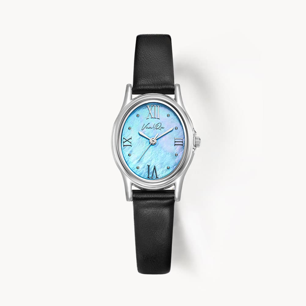 Gem_Silver_Aquamarine Black Leather Watch