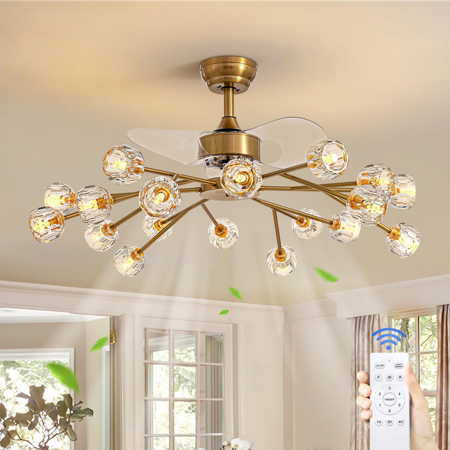 Siljoy 18 Lights Modern Crystal Ceiling Fan Light and Remote Control_ Farmhouse Brass Gold Sputnik