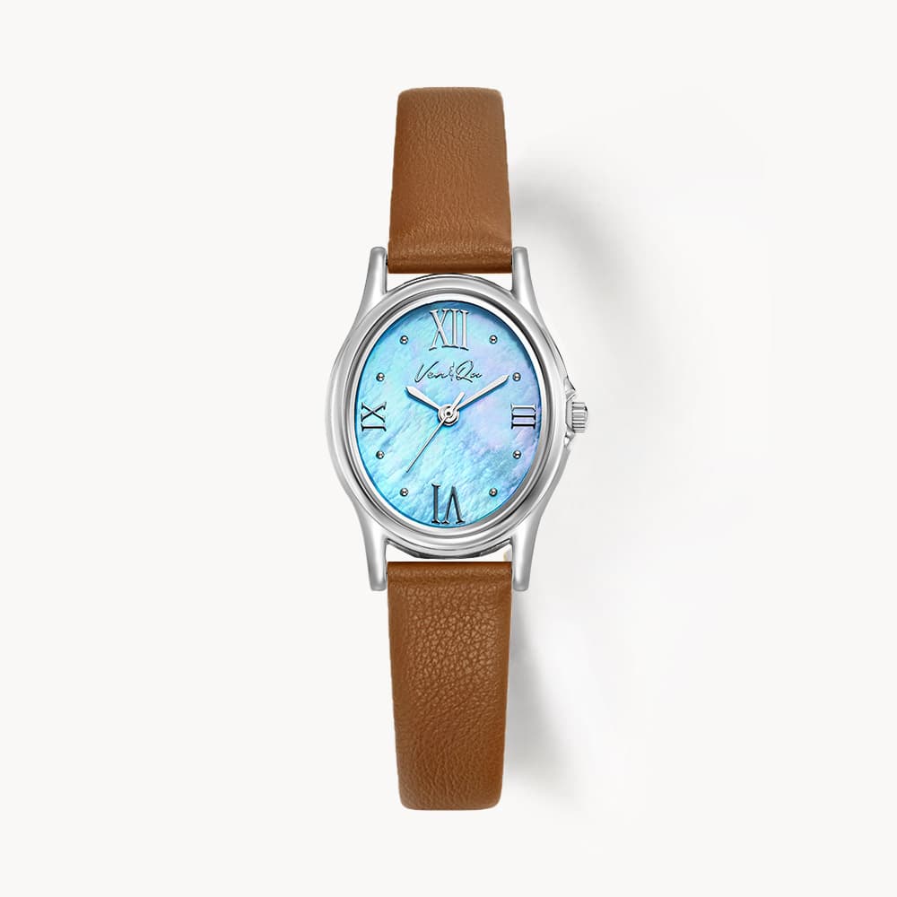 Gem_Silver_Aquamarine Brown Leather Watch