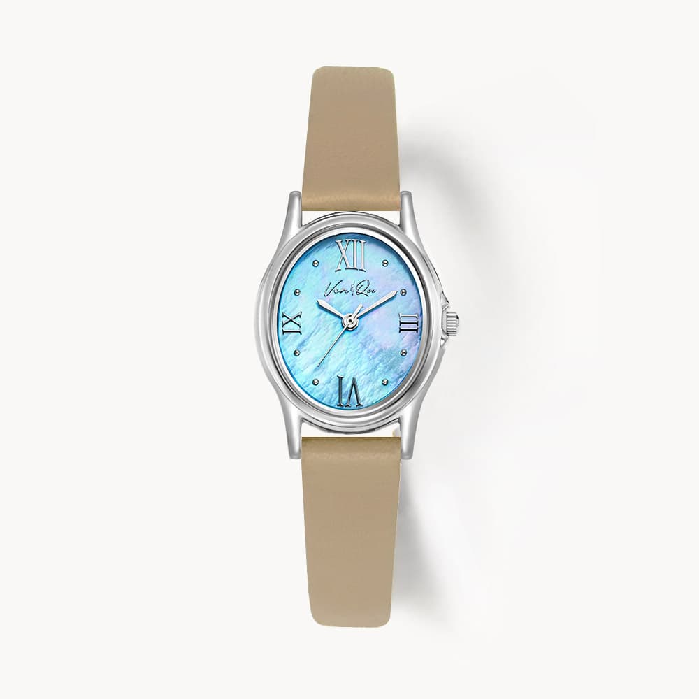 Gem_Silver_Aquamarine Beige Leather Watch