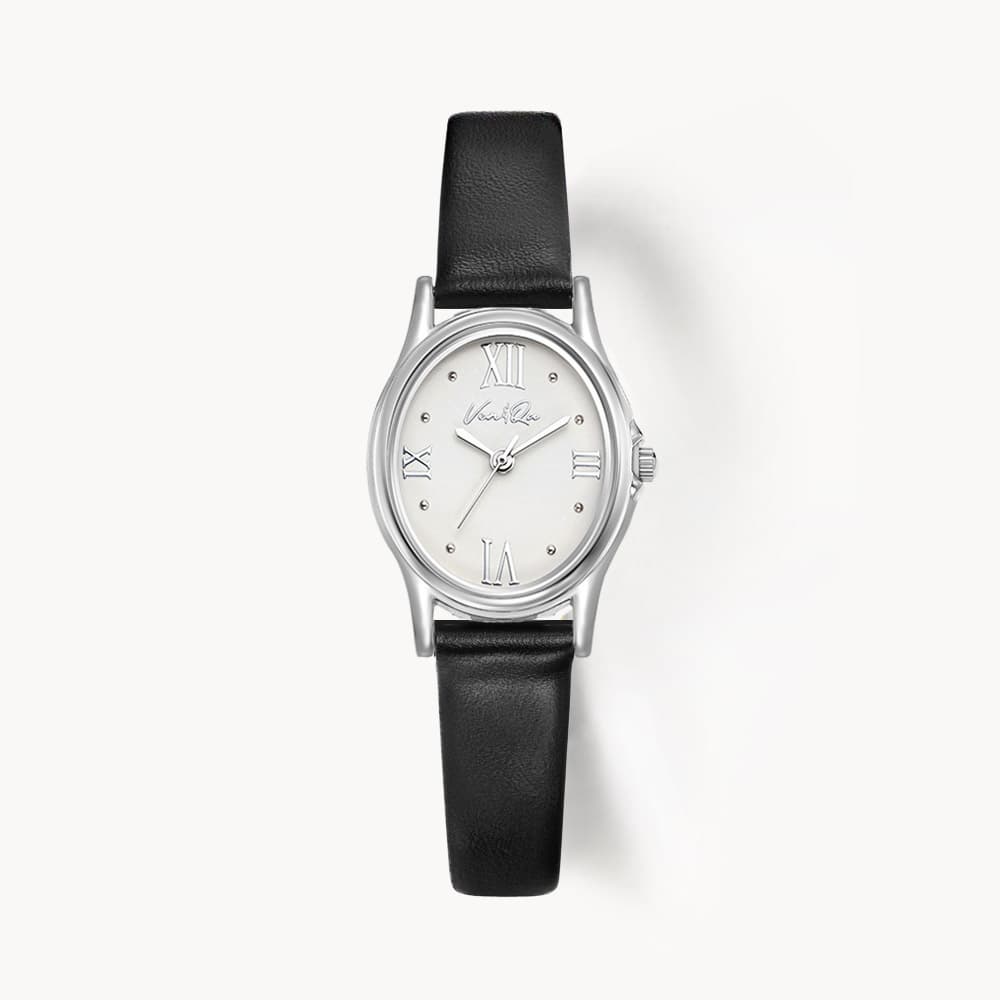 Gem_Silver_Pearl Black Leather Watch