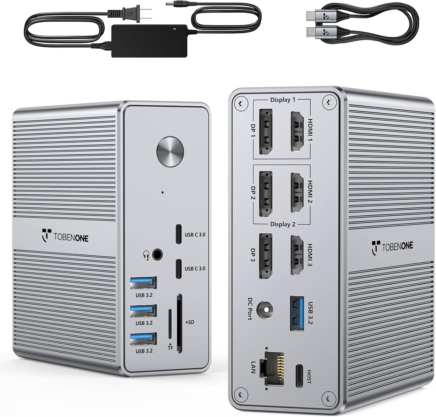 TobenONE DisplayLink Docking Station 3 Monitors 120W Power Adapter Triple 4K_60Hz USB_C 3X HDMI 3_2