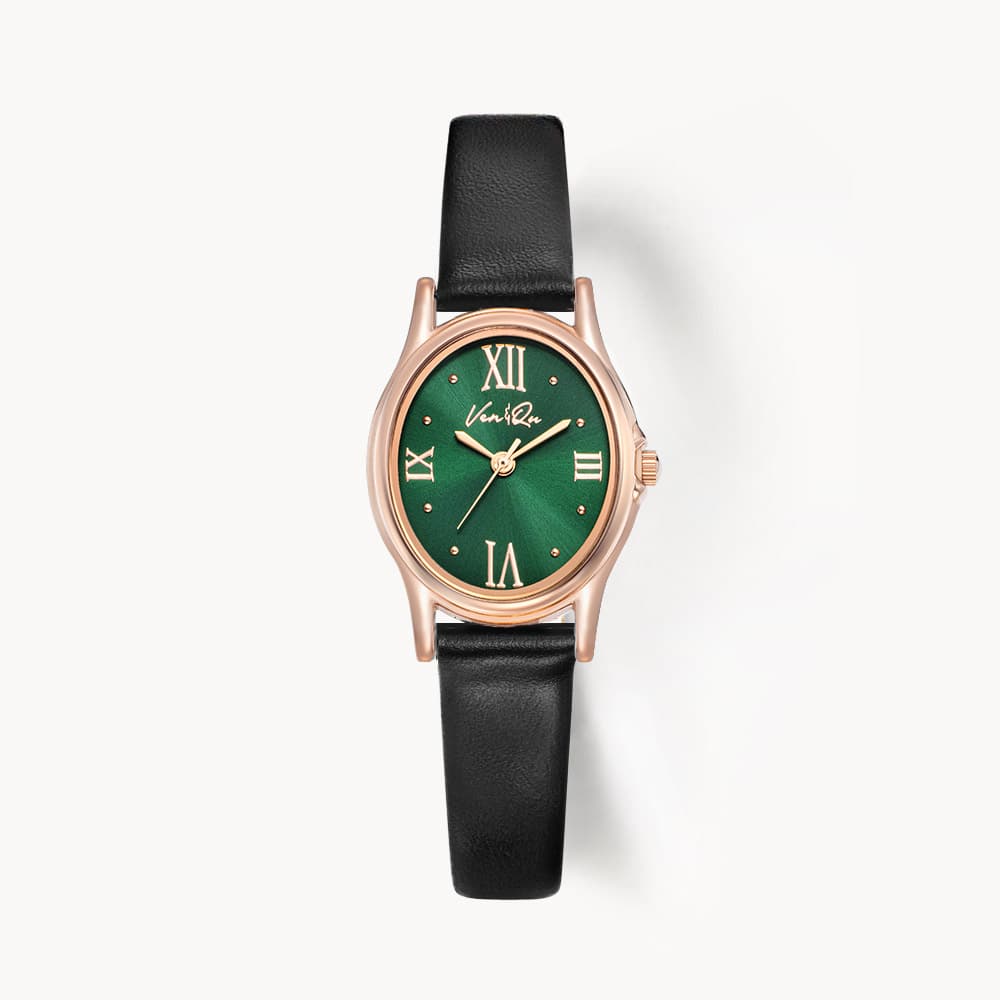 Gem_Rosegold_Emerald Black Leather Watch