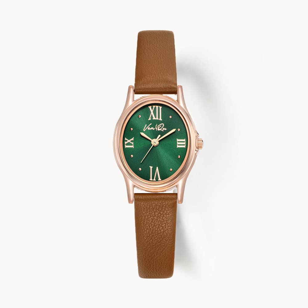 Gem_Rosegold_Emerald Brown Leather Watch