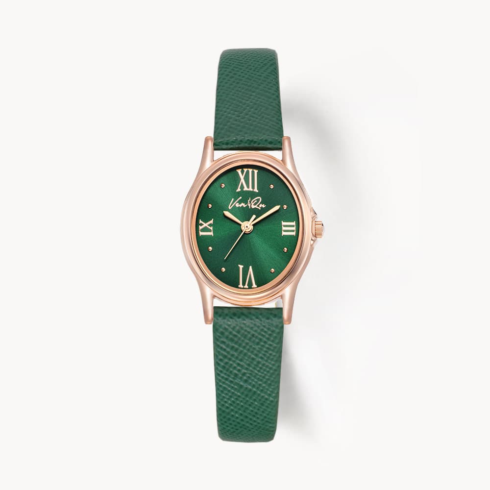 Gem_Rosegold_Emerald Green Saffiano Leather Watch