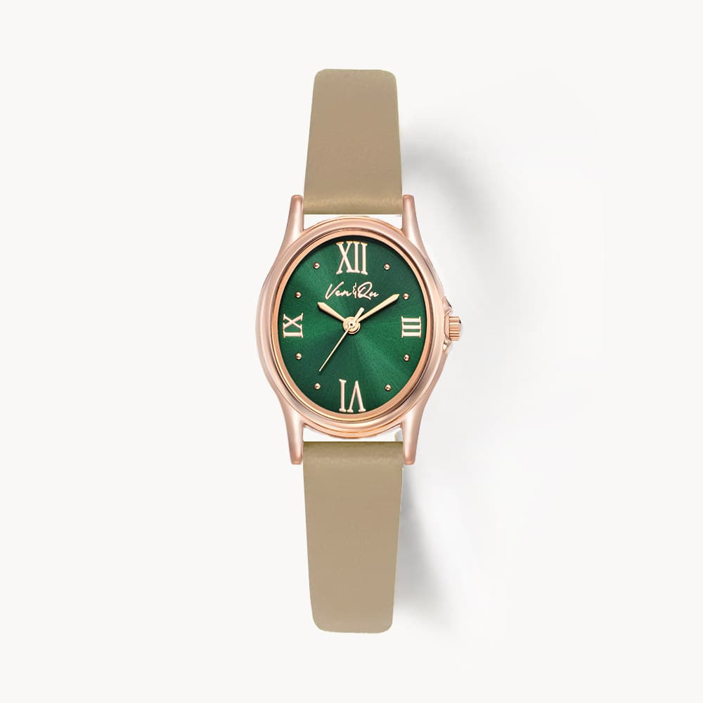 Gem_Rosegold_Emerald Beige Leather Watch