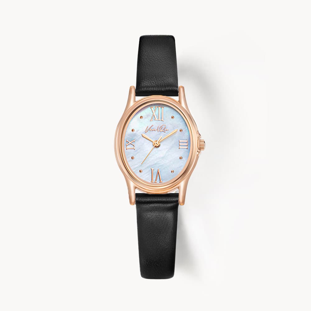 Gem_Rosegold_Opal Black Leather Watch