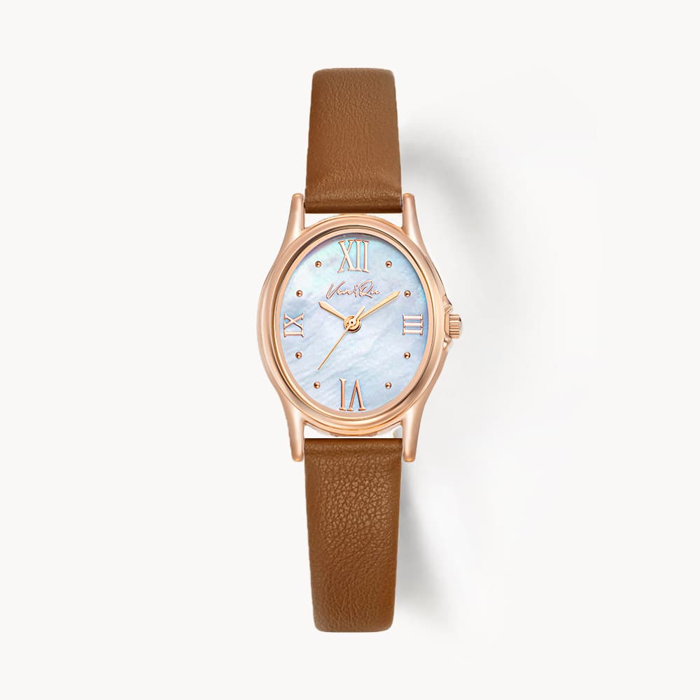 Gem_Rosegold_Opal Brown Leather Watch