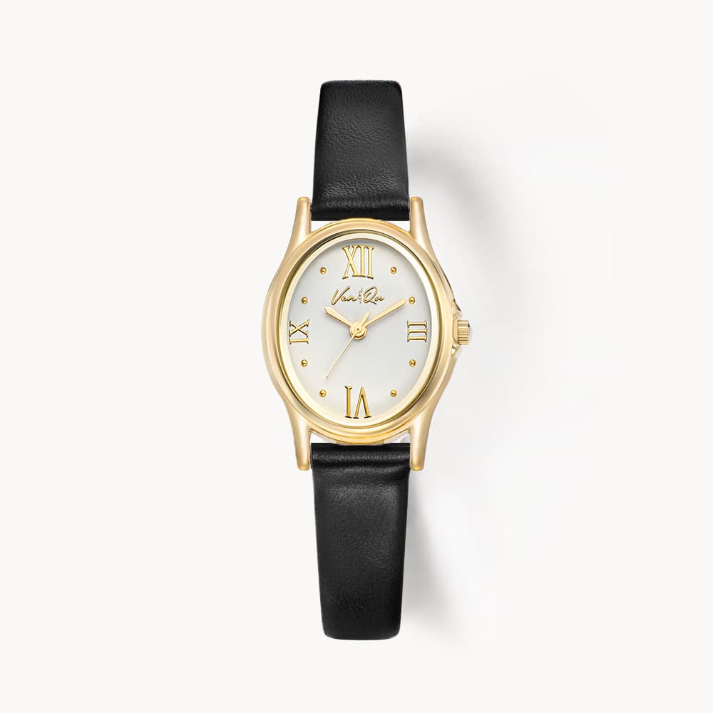 Gem_Gold_Pearl Black Leather Watch