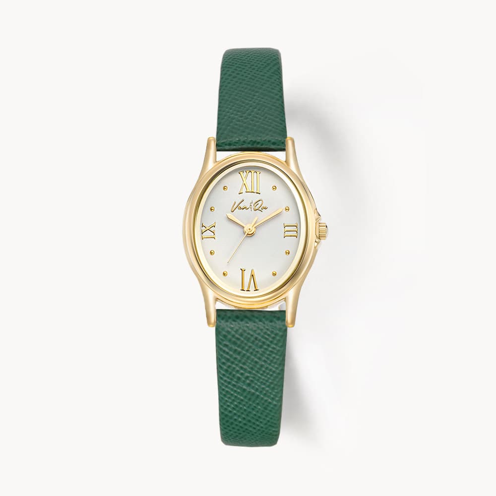 Gem_Gold_Pearl Green Saffiano Leather Watch