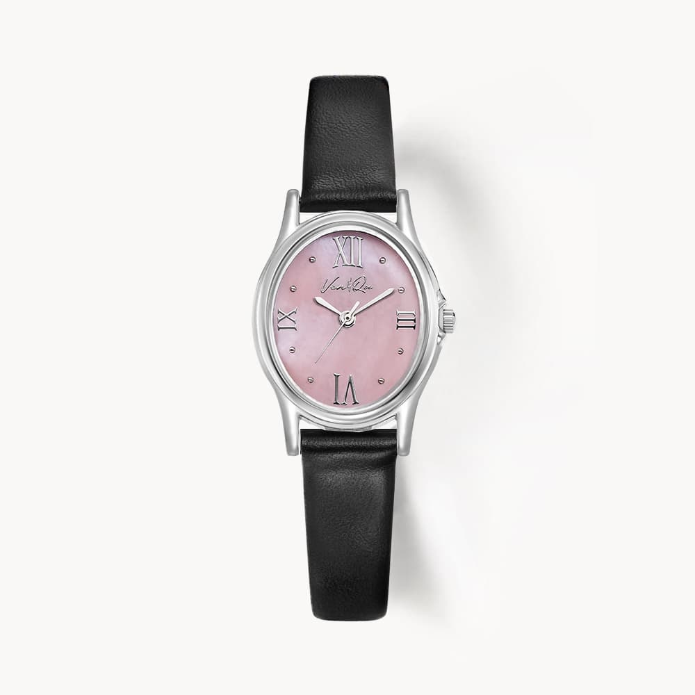 Gem_Silver_Rose  Black Leather Watch