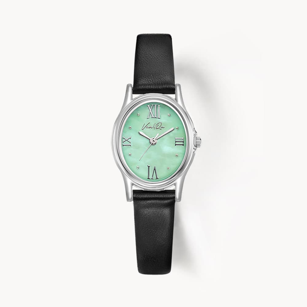 Gem_Silver_Jade Black Leather Watch