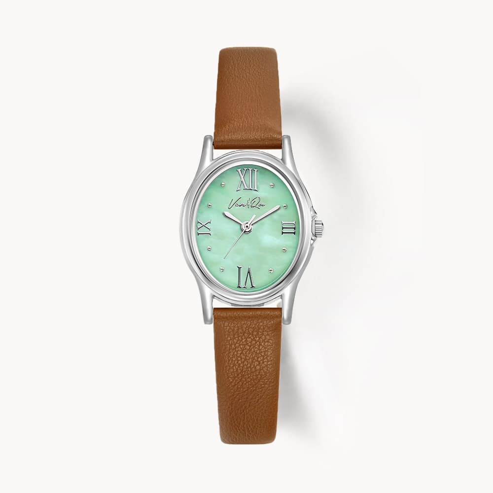 Gem_Silver_Jade Brown Leather Watch