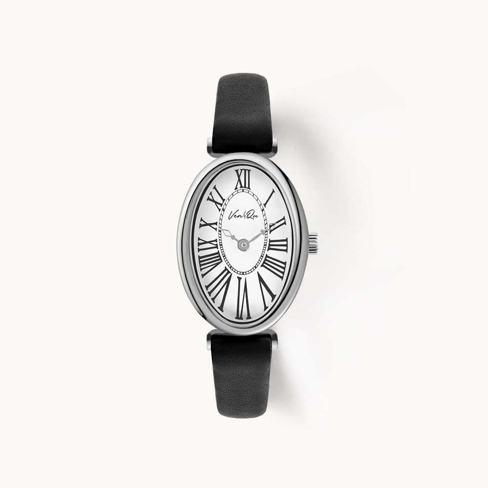 Dome_Silver_White Black Leather Watch