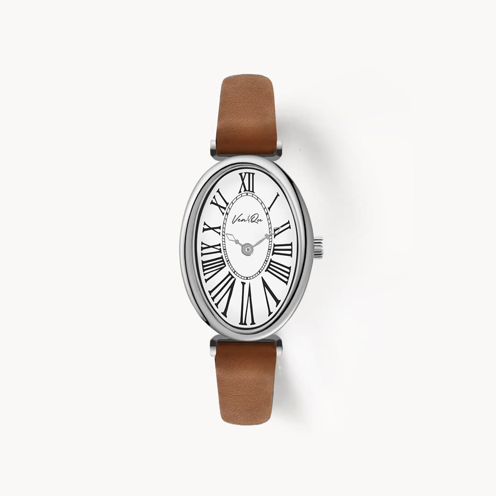 Dome_Silver_White Brown Leather Watch