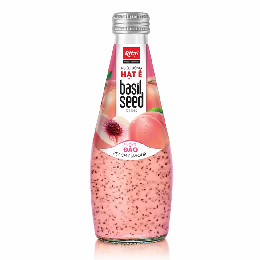 Natural Basil Seed Drink With Peach Flavor 290ml Glass Bottle