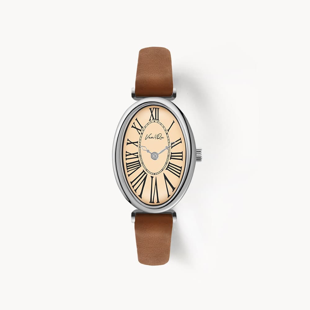 Dome_Silver_Coral Brown Leather Watch