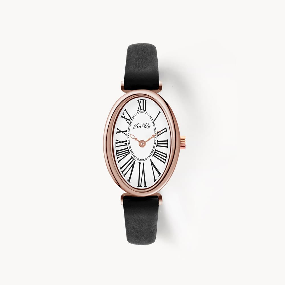 Dome_Rosegold_White Black Leather Watch