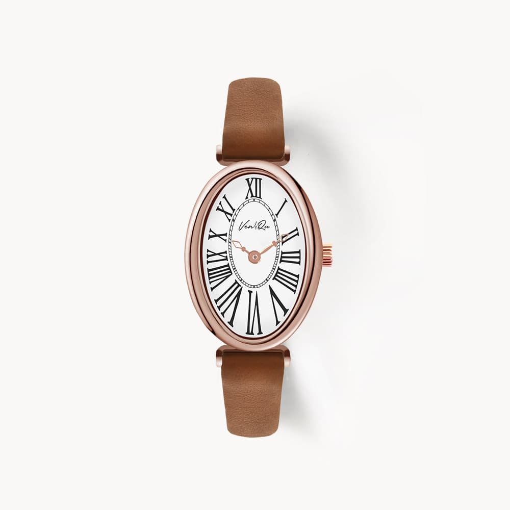 Dome_Rosegold_White Brown Leather Watch